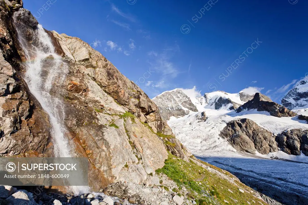 Ascent to Piz Morteratsch Mountain in front of the Bianco Ridge and Piz Bernina Mountain, Bernina Range, Grisons, Switzerland, Europe
