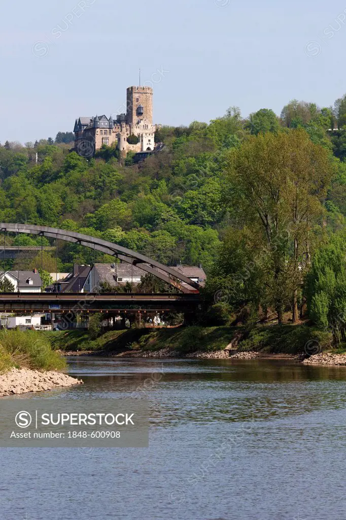 Burg Lahneck castle and confluence of river Lahn and Rhine, Lahnstein, UNESCO World Heritage Site, Upper Middle Rhine Valley, Rhineland-Palatinate, Ge...