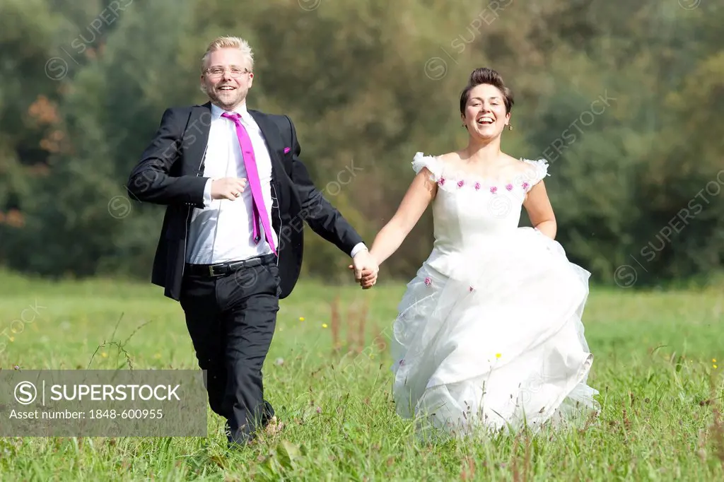 Bride and groom running across a meadow, Regensburg, Bavaria, Germany, Europe