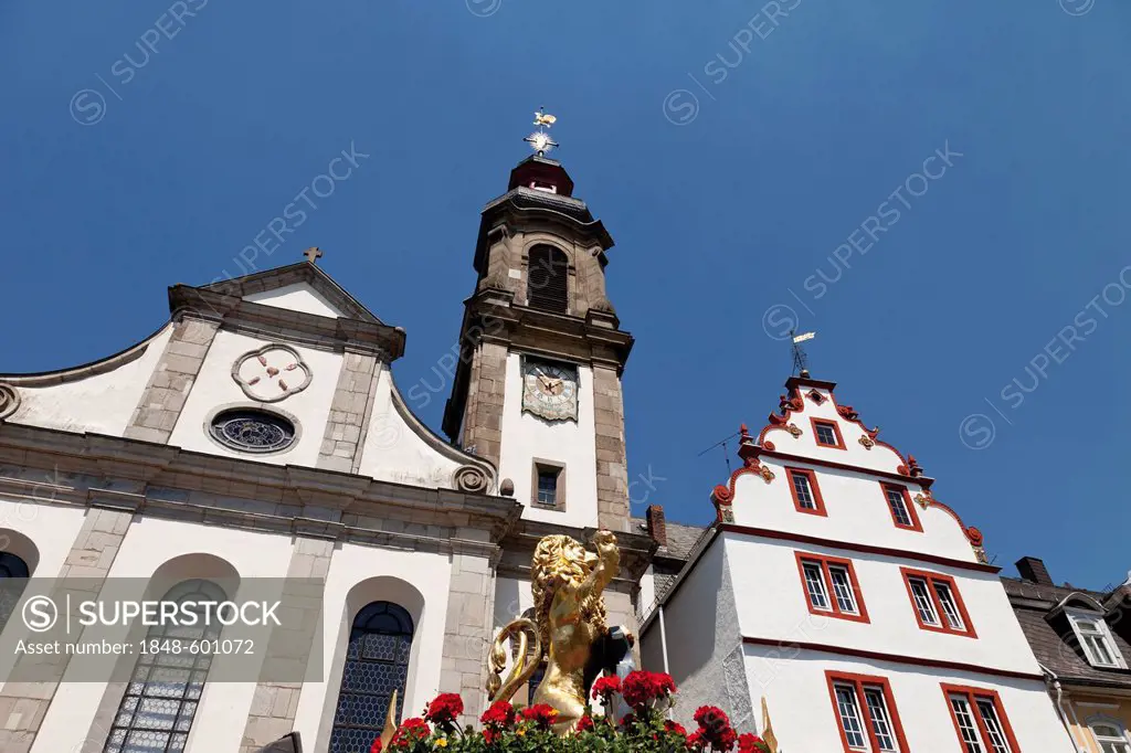 Maria Himmelfahrt or Assumption of Mary church, marketplace of Hachenburg, Westerwald, Rhineland-Palatinate, Germany, Europe