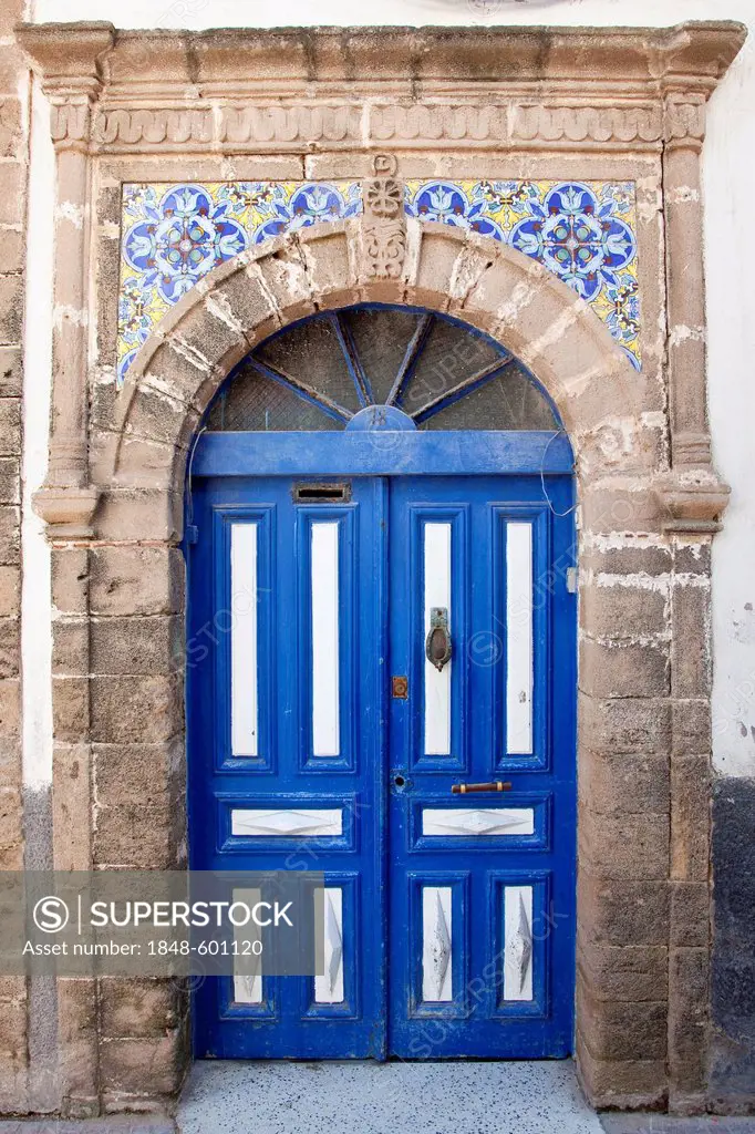 Typical old wooden door to a residential building in the historic town or medina, UNESCO World Heritage Site, Essaouira, Morocco, Africa