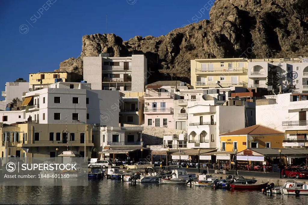 Cafes and restaurants at the port of the town of Karpathos, Pigadia, Karpathos Island, Aegean Islands, Dodecanese, Mediterranean, Greece, Europe