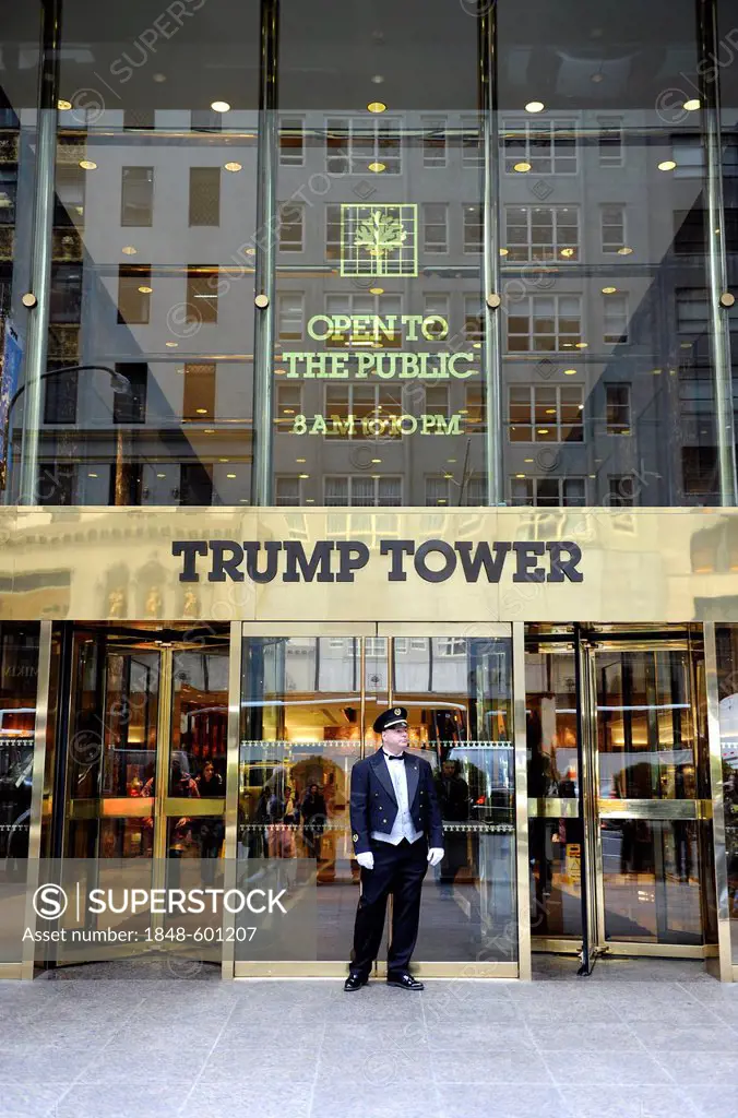 Doorman standing in front of the Trump Tower, Manhattan, New York City, New York, United States of America, USA, North America