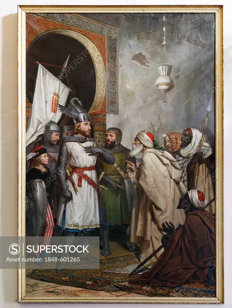 Painting, Surrender of Medina Mayurqa to James I, Pilgrimage Church of Sant Salvador, Arta, Majorca, Balearic Islands, Spain, Europe