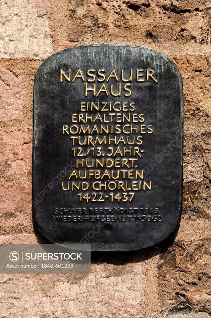 Information panel on the Nassauer Haus, a medieval residential tower, Karolinenstrasse street 2, Nuremberg, Middle Franconia, Bavaria, Germany, Europe