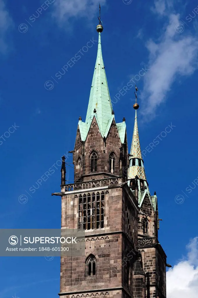 Steeples of Lorenzkirche Church, a Gothic church, Lorenzer Platz square, Nuremberg, Middle Franconia, Bavaria, Germany, Europe