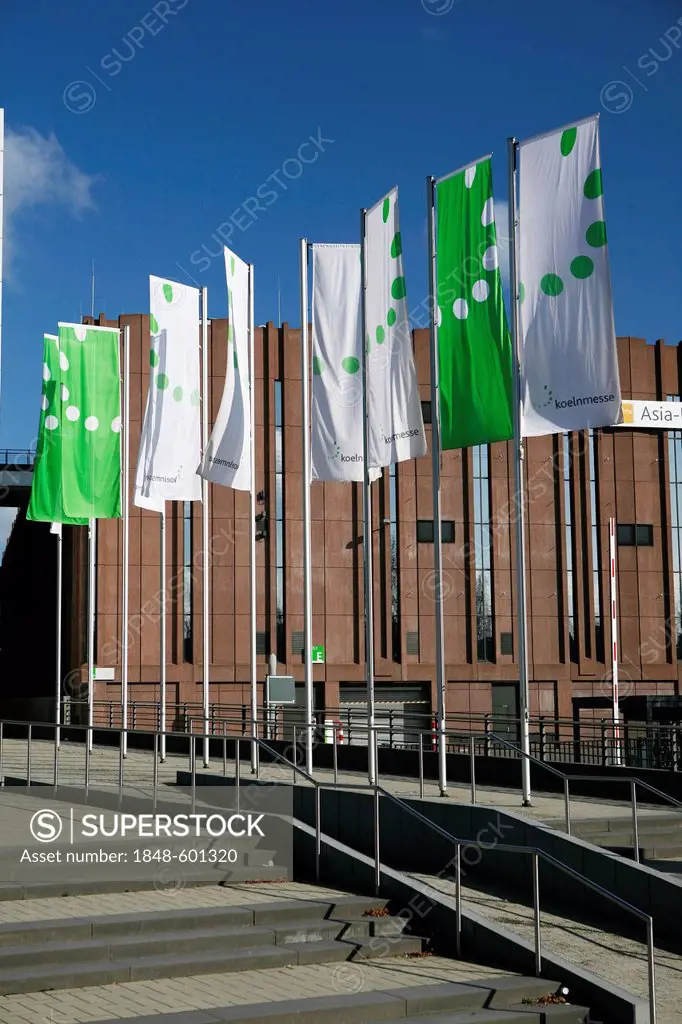 Flags of the Koelnmesse, Cologne Trade Fair, Cologne, North Rhine-Westphalia, Germany, Europe