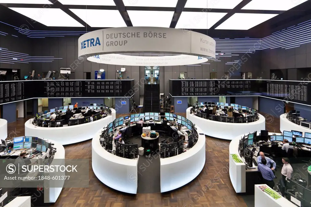 Large trading hall of the Frankfurt Stock Exchange, Deutsche Boerse AG in Frankfurt am Main, Hesse, Germany, Europe