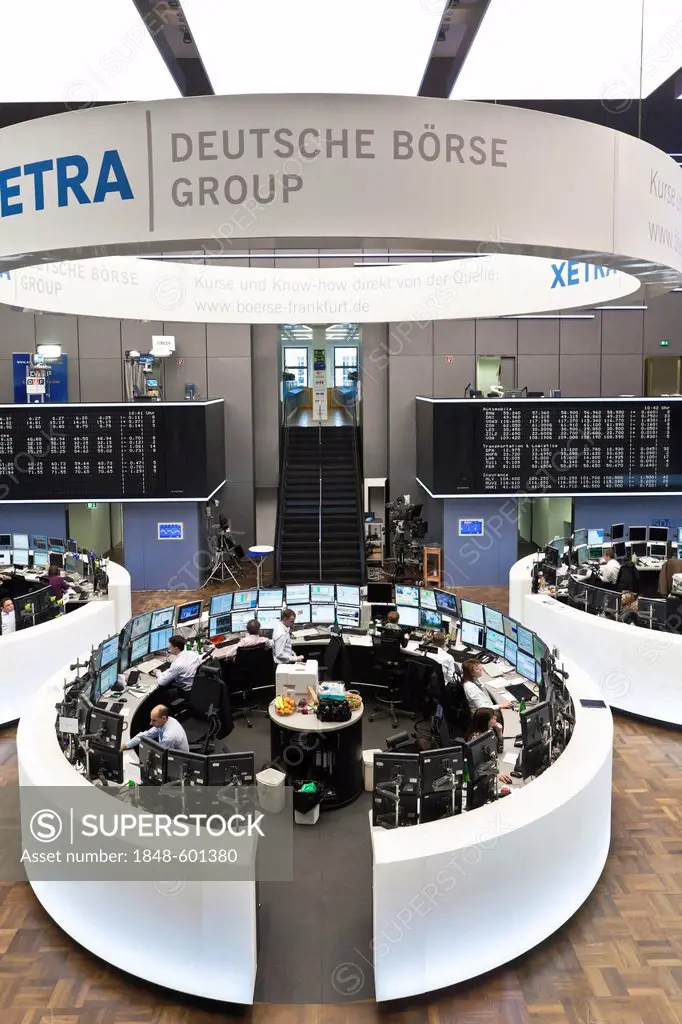 Large trading hall of the Frankfurt Stock Exchange, Deutsche Boerse AG in Frankfurt am Main, Hesse, Germany, Europe