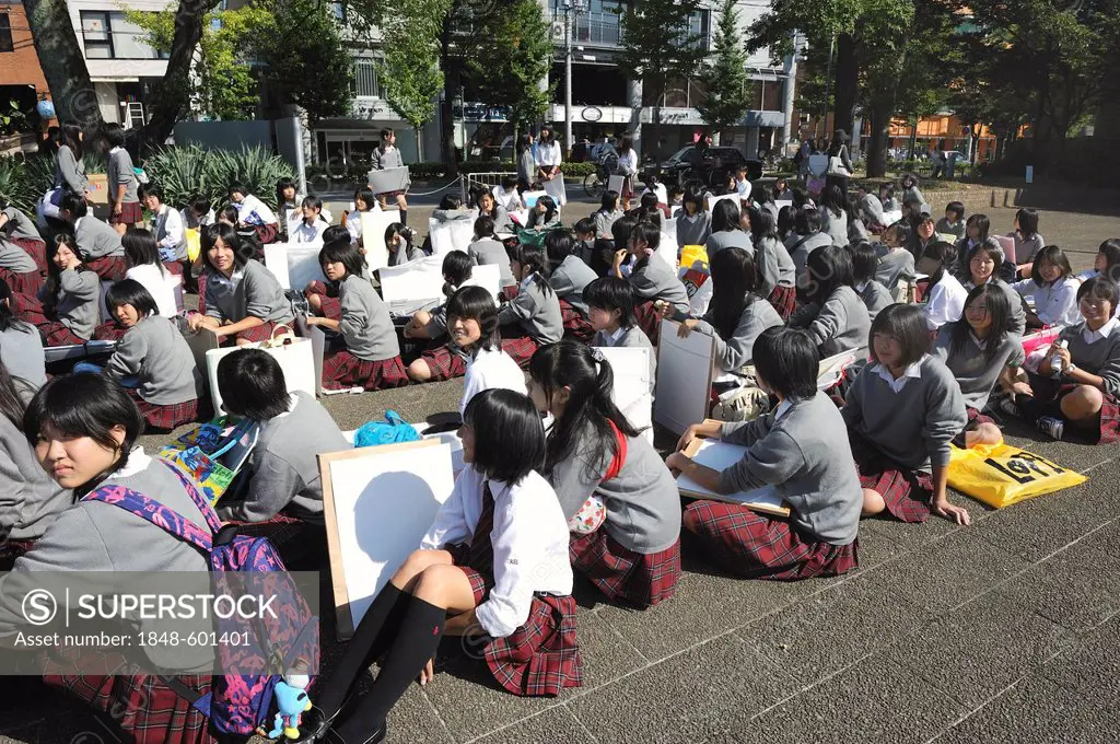 School children waiting in front of the Botanical Garden before entering and spending the whole day drawing plants, Kyoto, East Asia, Asia