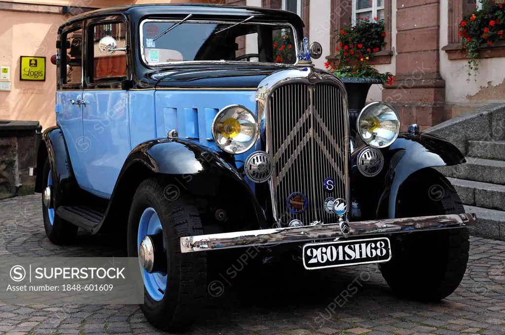 Light blue and black vintage Citroen C6 type 1934/35 in front of Town Hall, Ribeauvillé, Alsace, France, Europe