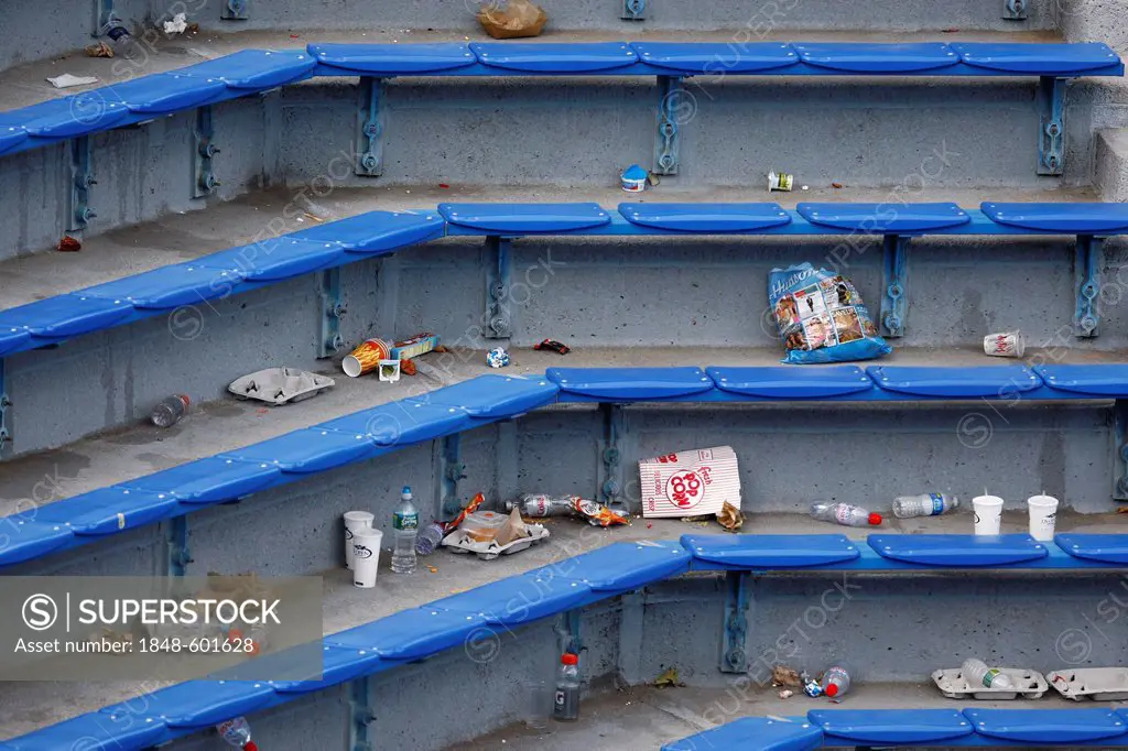 Garbage lying in the stands, USTA Billie Jean King National Tennis Center, New York City, New York, USA, America
