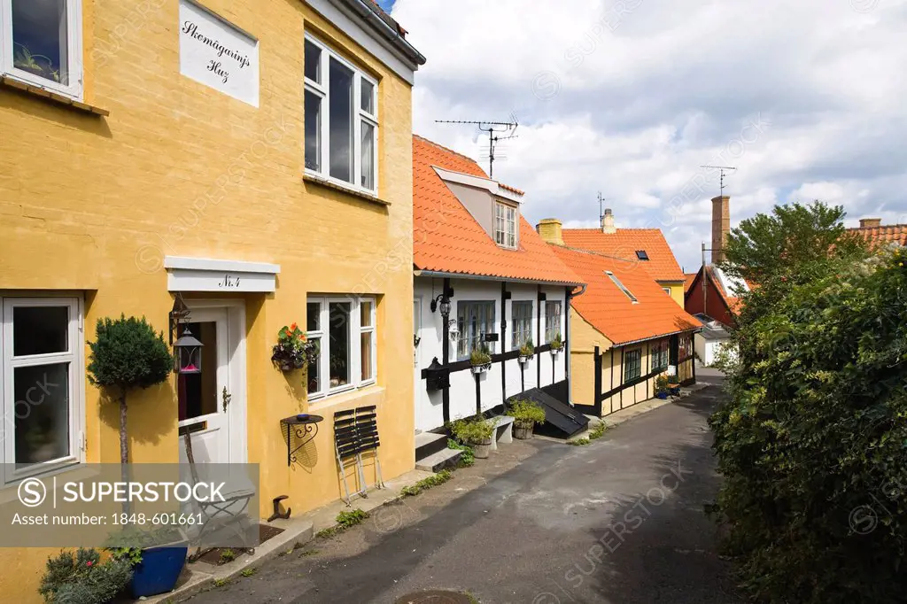 Row of Timber-framed houses in Gudhjem village, Bornholm, Denmark, Europe