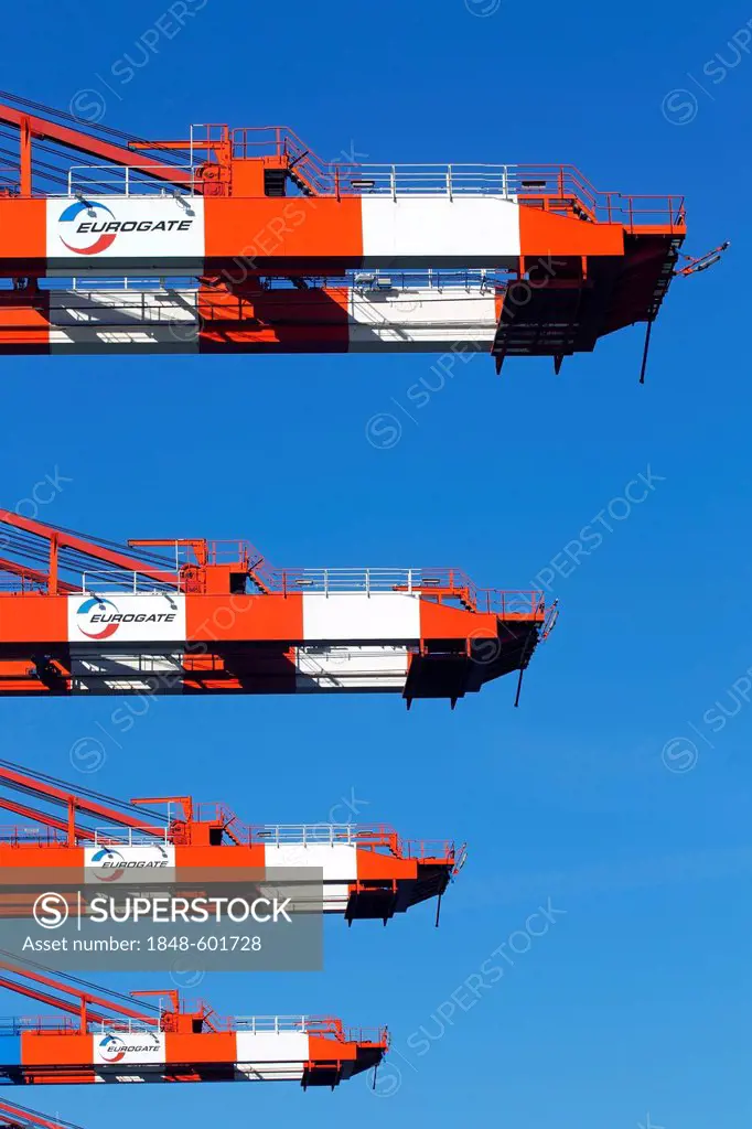 Cranes for loading containers on ships at the Eurogate container terminal, Eurokai, port of Hamburg, Hamburg, Germany