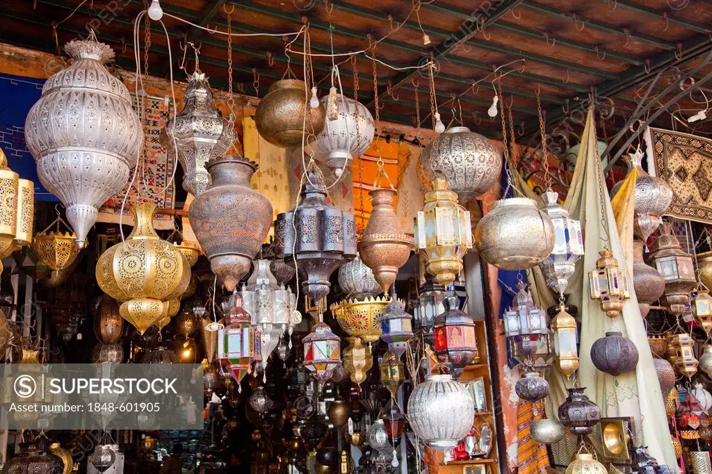 Moroccan lamps and lanterns made of sheet metal and wrought iron in the souk, market, in the Medina, historic district in Marrakech, Morocco, Africa