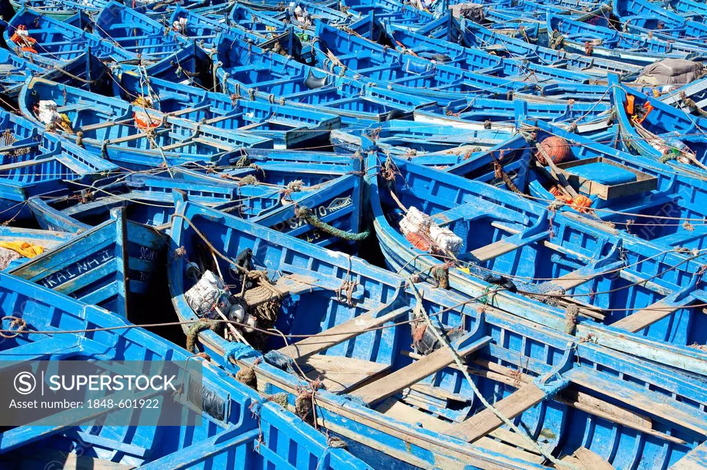 Blue fishing boats in the harbour of Essaouira, Morocco, Africa