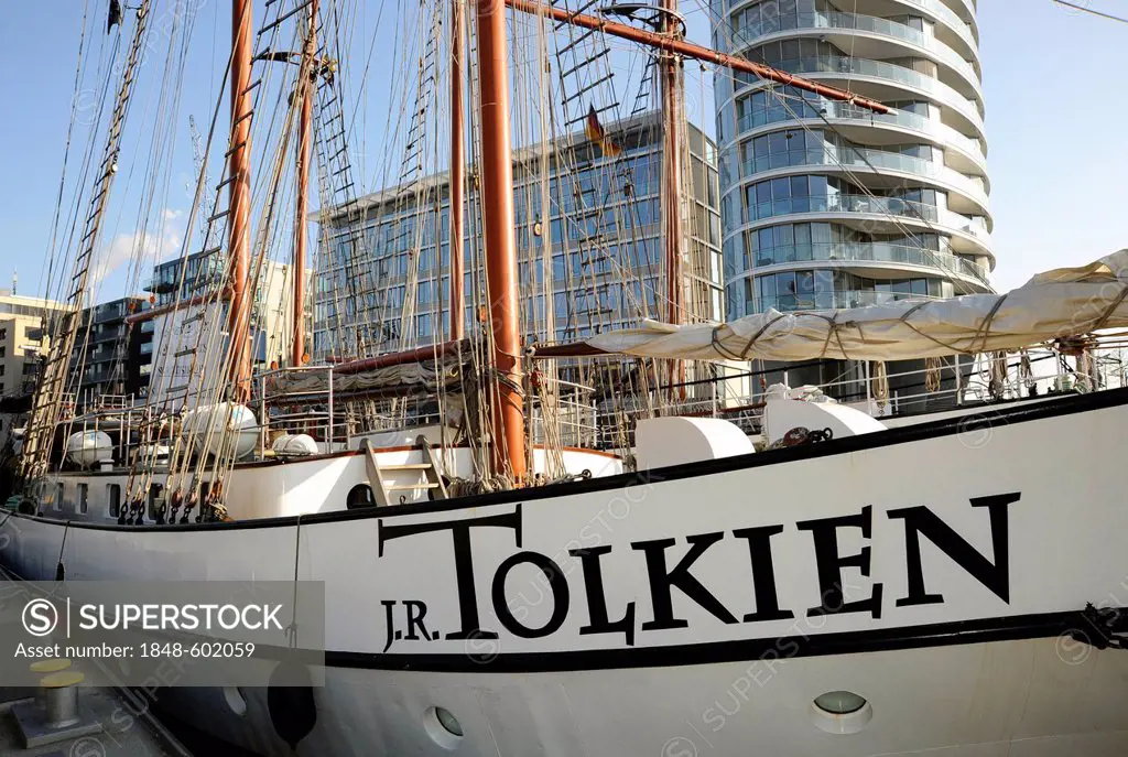 Sailing ship, J.R. Tolkien, and new buildings in HafenCity, Hamburg, Germany, Europe