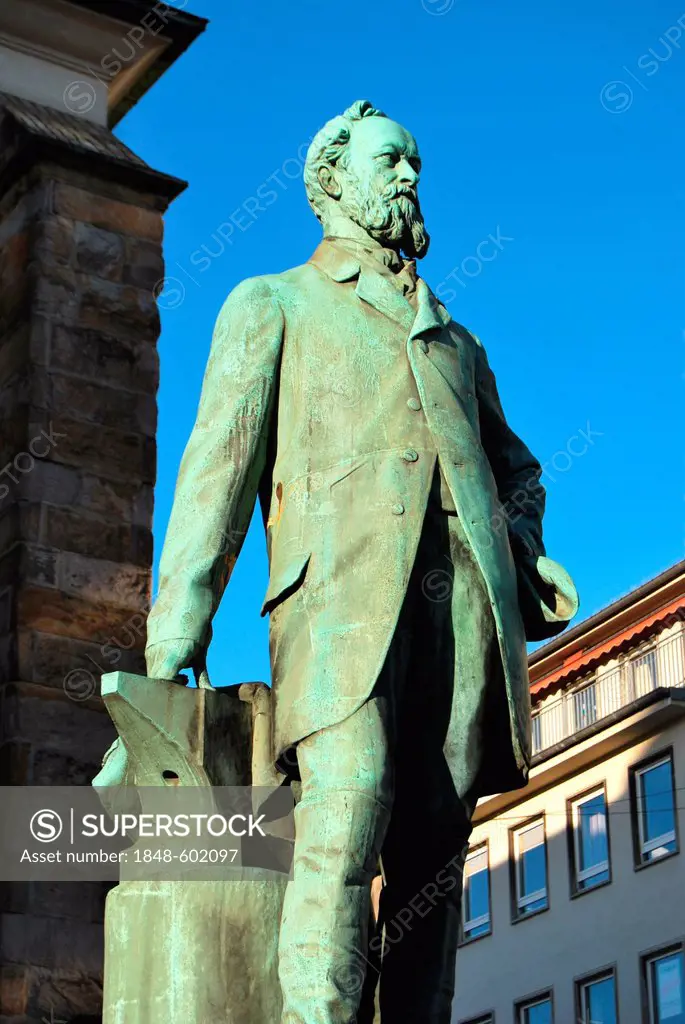 Industrialist and inventor Alfred Krupp with anvil, monument in Essen, North Rhine-Westphalia, Germany, Europe