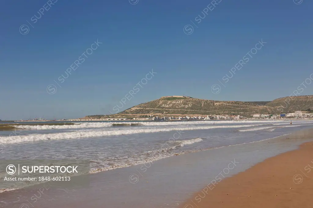 Agadir Beach, hill with the words, Allah, al-Watan, al-Malik, meaning Allah, the Homeland, the King, Morocco, Africa