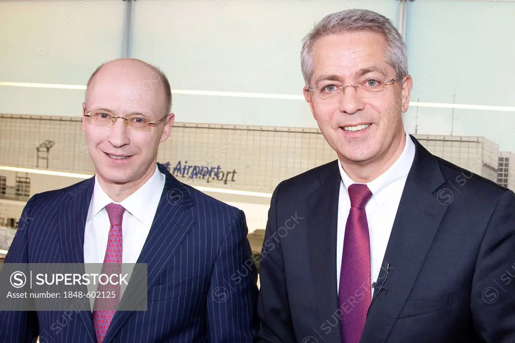 Matthias Zieschang, CFO of Fraport AG, left, and Stefan Schulte, CEO of Fraport AG, right, annual results press conference, Frankfurt am Main, Hesse, ...