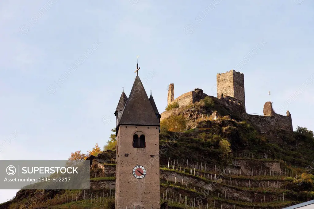 Niederburg Castle with church tower, Kobern-Gondorf, Rhineland-Palatinate, Germany, Europe