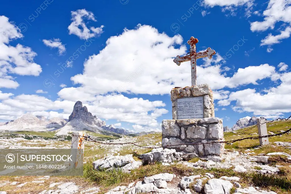Monte Piano mountain in the Hochpustertal valley, memorial site, Tre Cime di Lavaredo peaks or Drei Zinnen peaks at the back, Dolomites, province of B...