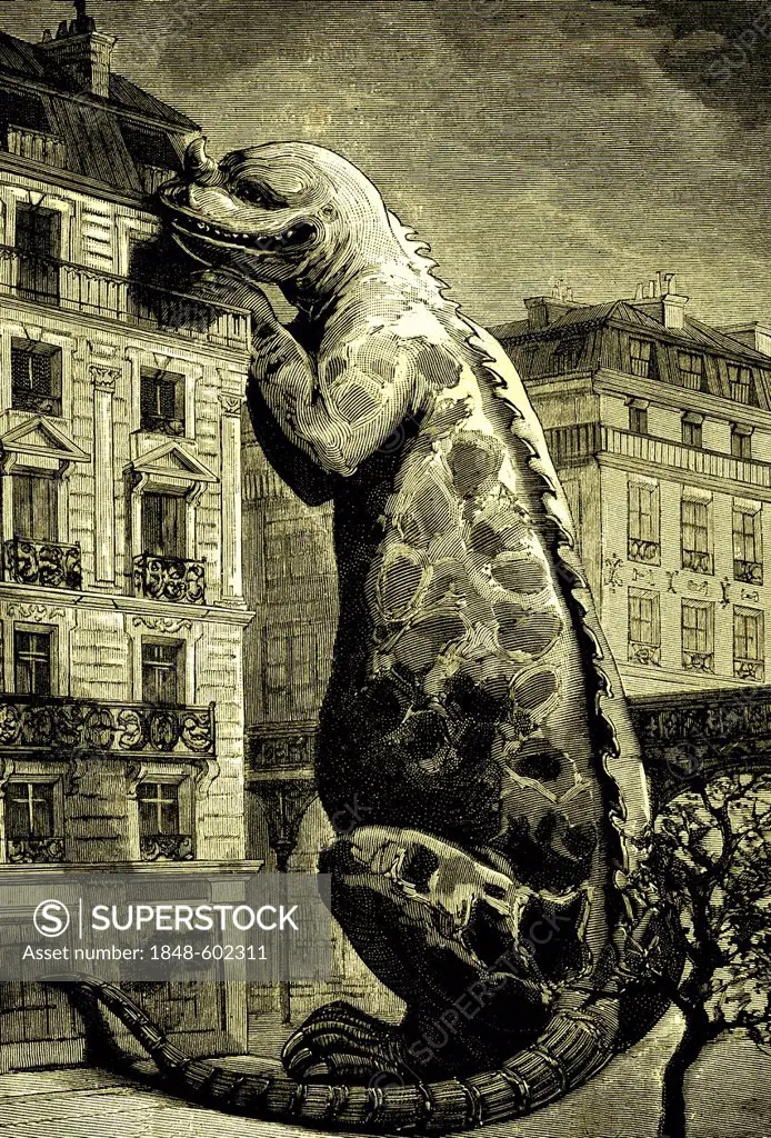 Huge animal, five floors high, historical illustration, 1886