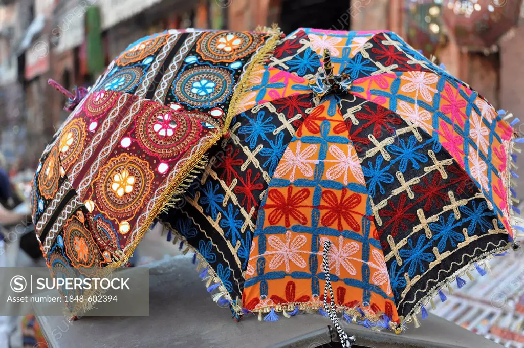 Colourful umbrellas, market, Jaipur, Rajasthan, India, Asia