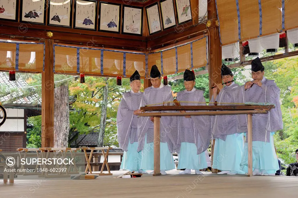 Shinto instrumental group in Imamiya Shrine, Jidai-Matsuri Autumn Festival, Kyoto, Japan, Asia