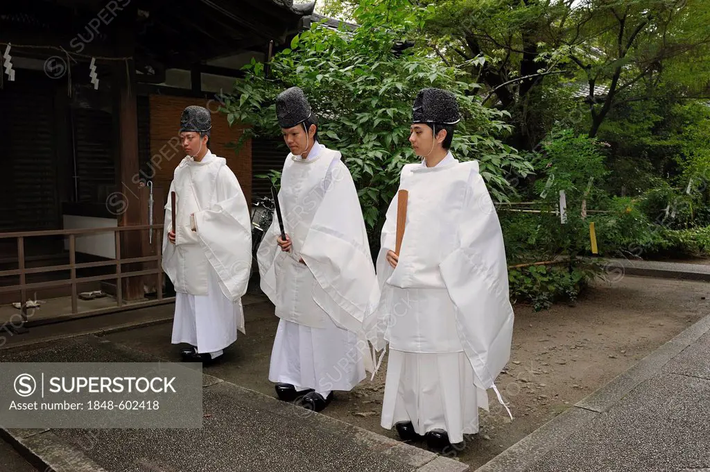 Shinto priests carrying scepters and wearing hats, Nashinoki Shrine, Kyoto, Japan, East Asia, Asia