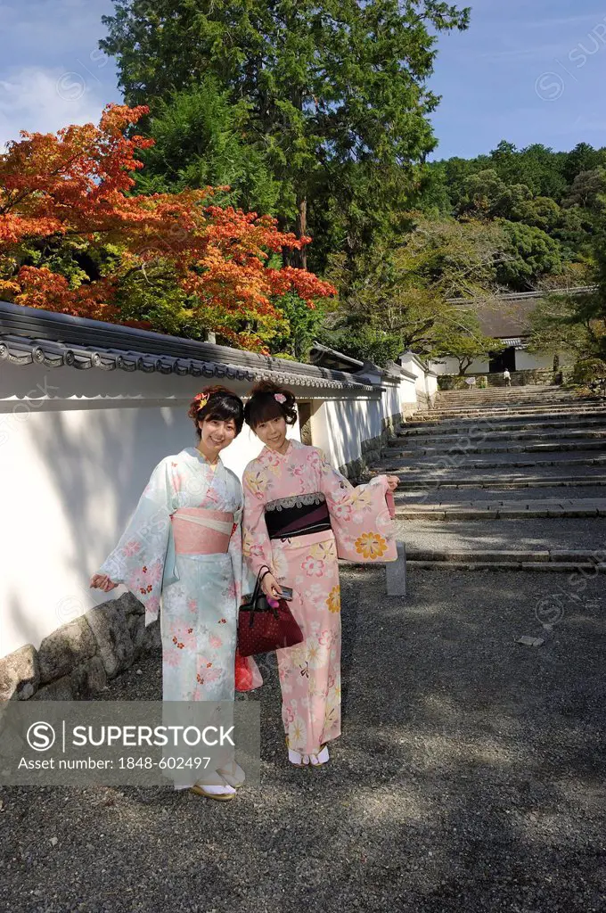 Young Japanese women in kimonos in front of autumn-colored maples, Nanzenji Temple, Kyoto, Japan, Asia