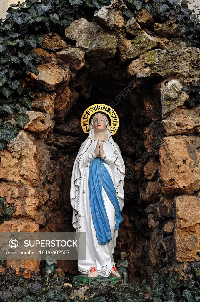 Madonna in a grotto with a banner, I am the Immaculate Conception, Ringsheim, Baden-Wuerttemberg, Germany, Europe
