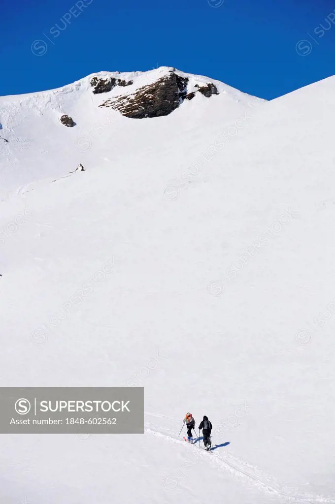Skiers ascending with tour skis, ski tour route in the Tauern Valley, on the way to Hagener Hut near Mallnitz, Hohe Tauern National Park, Alps, Carint...