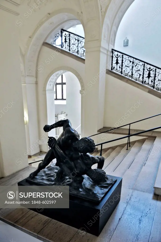 Entrance and stairs, sculpture of Wrestlers, Florence from 1700, bronze replica, Bavarian National Museum, Prinzregentenstrasse 3, Munich, Bavaria, Ge...