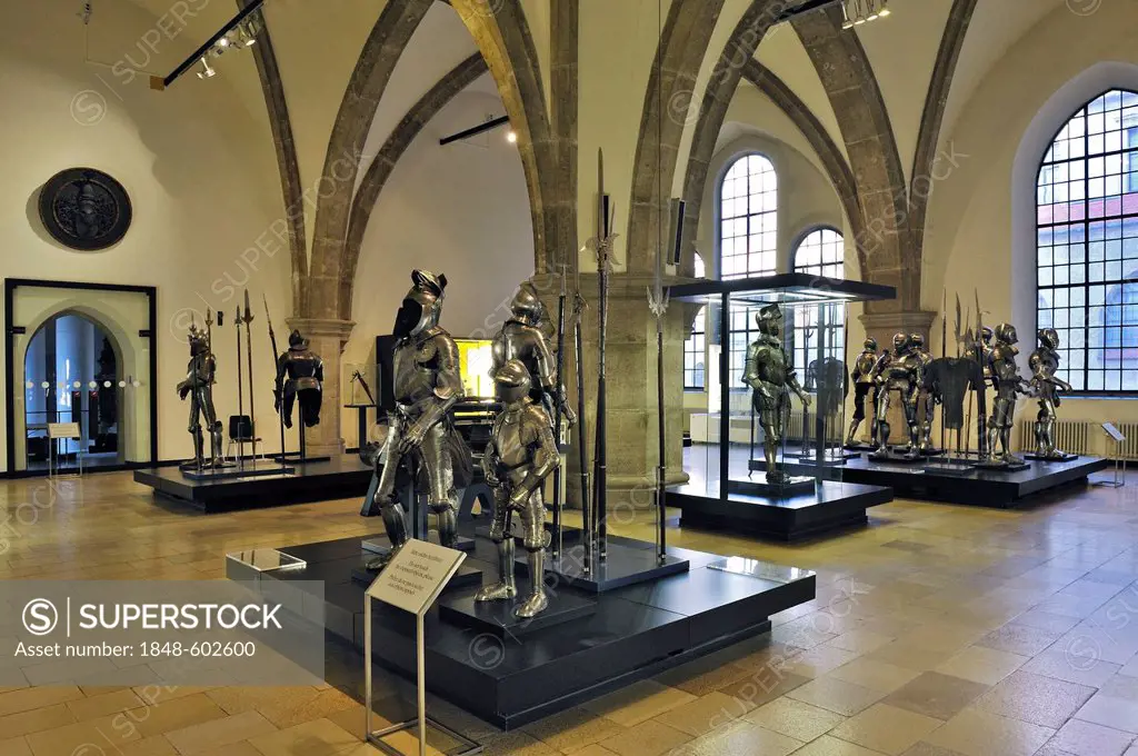 Hall with medieval armour, full plate armour, southern Germany, 16th Century, Bavarian National Museum, Prinzregentenstrasse 3, Munich, Bavaria, Germa...