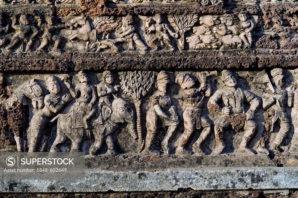 Relief with musicians and elephant, Radha Shyam terracotta temple, Bishnupur, Bankura district, West Bengal, India, Asia
