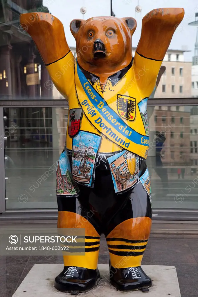 Black and yellow bear mascot, Borussia Dortmund, Bensersiel, Dortmund, Ruhr area, North Rhine-Westphalia, Germany, Europe