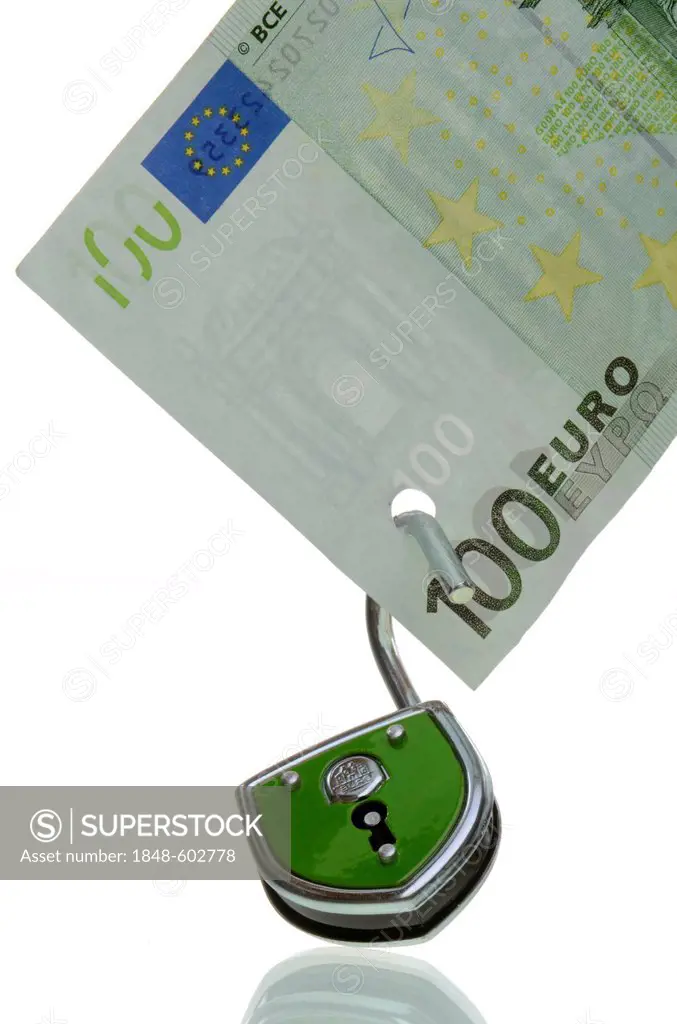 100-euro bill with an open lock, symbolic image for the unsafe euro, euro crisis