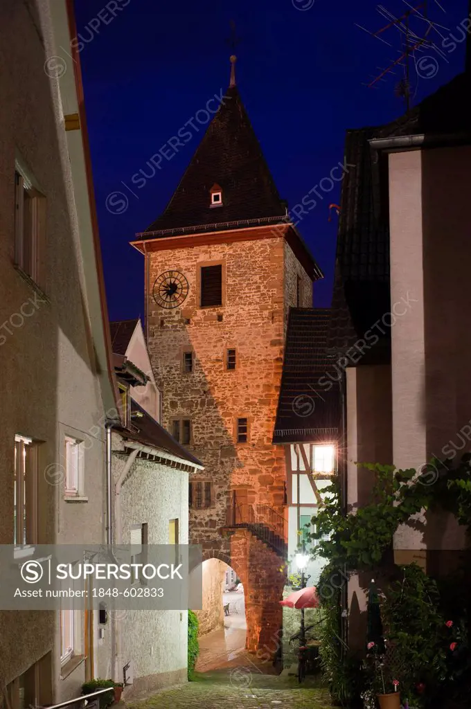 Church tower of the parish church with town gate, Hirschhorn, Neckartal Odenwald Nature Park, Hesse, Germany, Europe