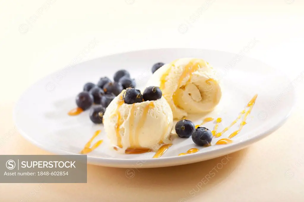 Vanilla ice cream with blueberries and honey