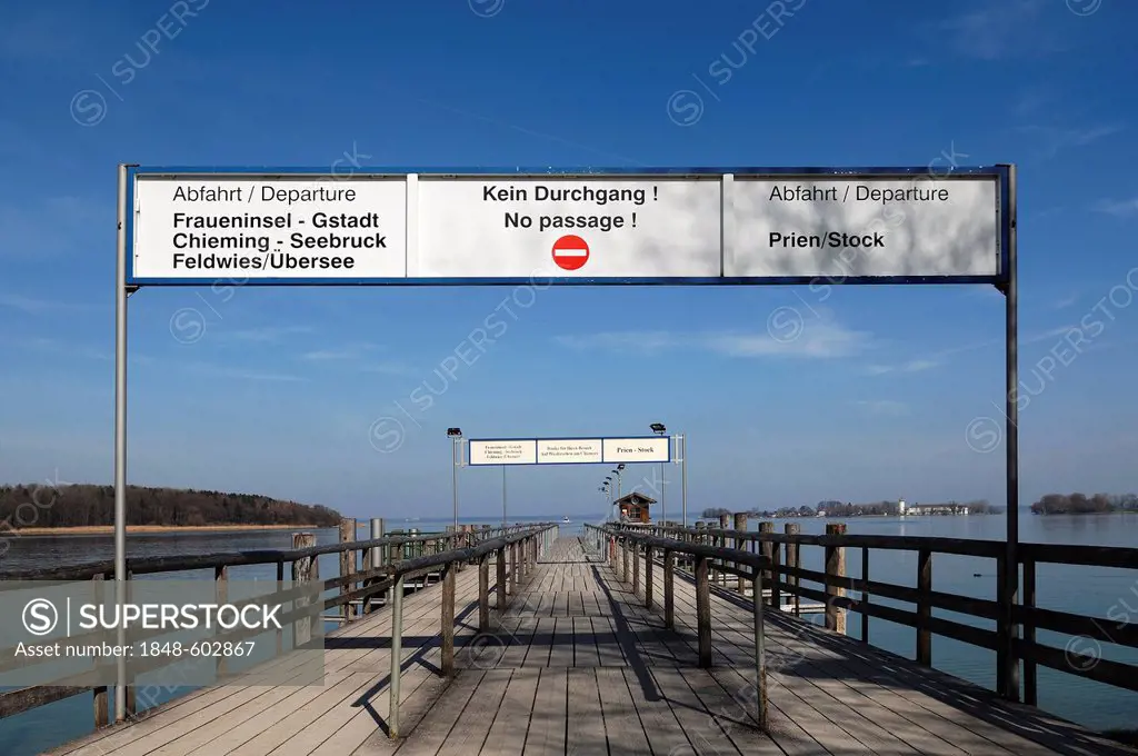 Ferry pier on Herreninsel island, Herrenchiemsee, Upper Bavaria, Germany, Europe