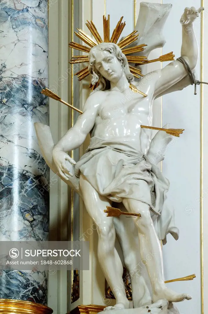 Statue of St. Sebastian in the Catholic parish church of St. Lawrence, Kirchplatz square 16, Kenzingen, Baden-Wuerttemberg, Germany, Europe