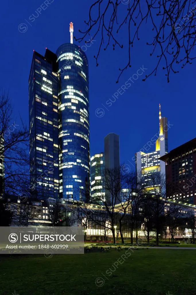 View of the Hessische Landesbank, also know as Helaba, the Commerzbank, the Japan Center building and the European Central Bank, ECB, Frankfurt am Mai...