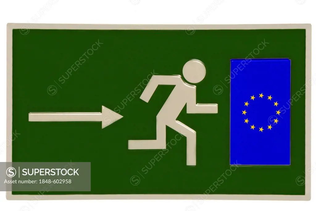 Escape sign with European flag, symbolic image for escape into the EU