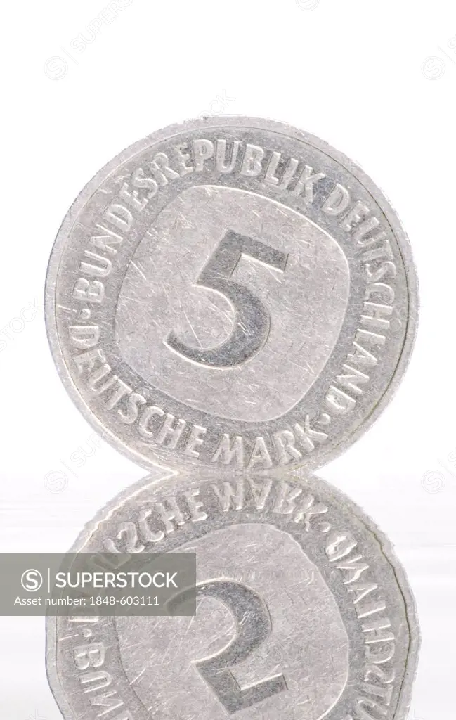 Five-mark piece, 5 Deutsche Mark, German Mark, with reflection