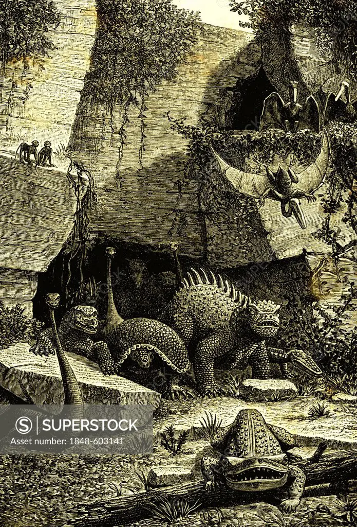 Prehistoric monsters, historical illustration, 1886
