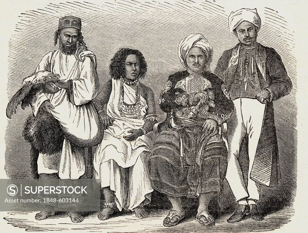 Jewish merchant, Somalian Jewish woman and other yemenite Jews, Aden, Yemen, historical engraving, 1886