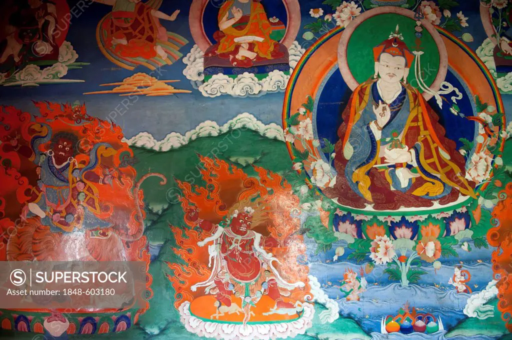 Tibetan Buddhism, old wall painting in the assembly hall, Padmasambhava, right, Guru Rinpoche, demons, Trakthok Gompa Monastery, Sakti near Leh, Ladak...