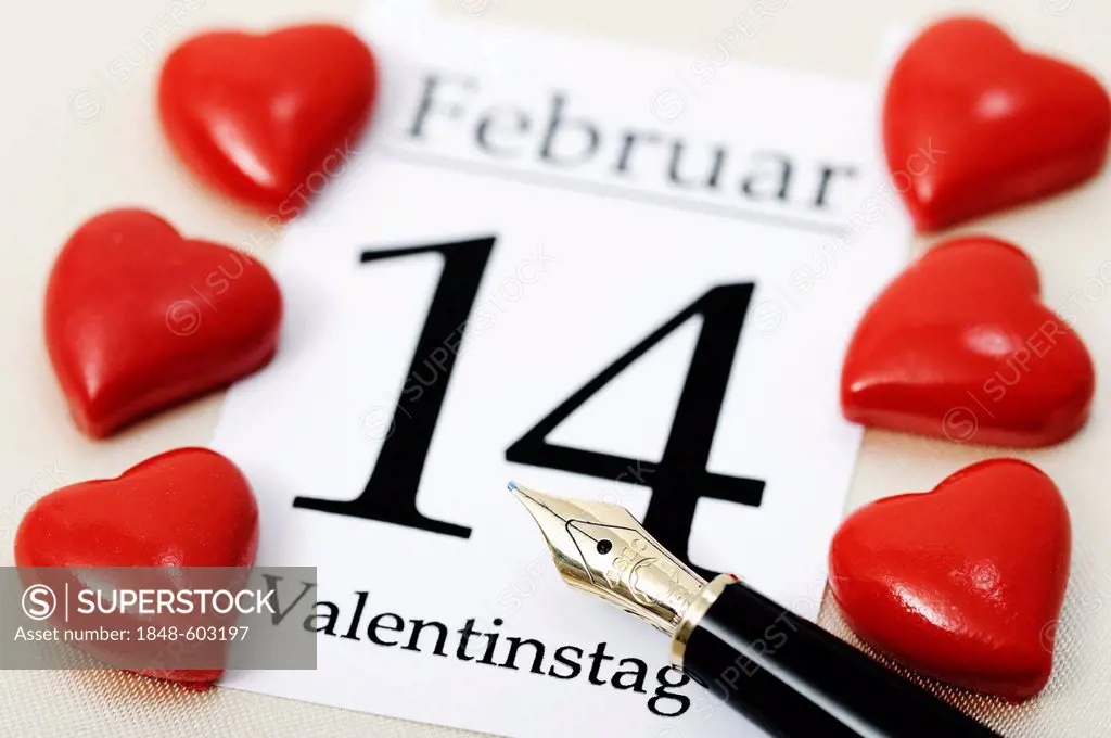 Calendar sheet for Valentine's Day on 14 February with red hearts