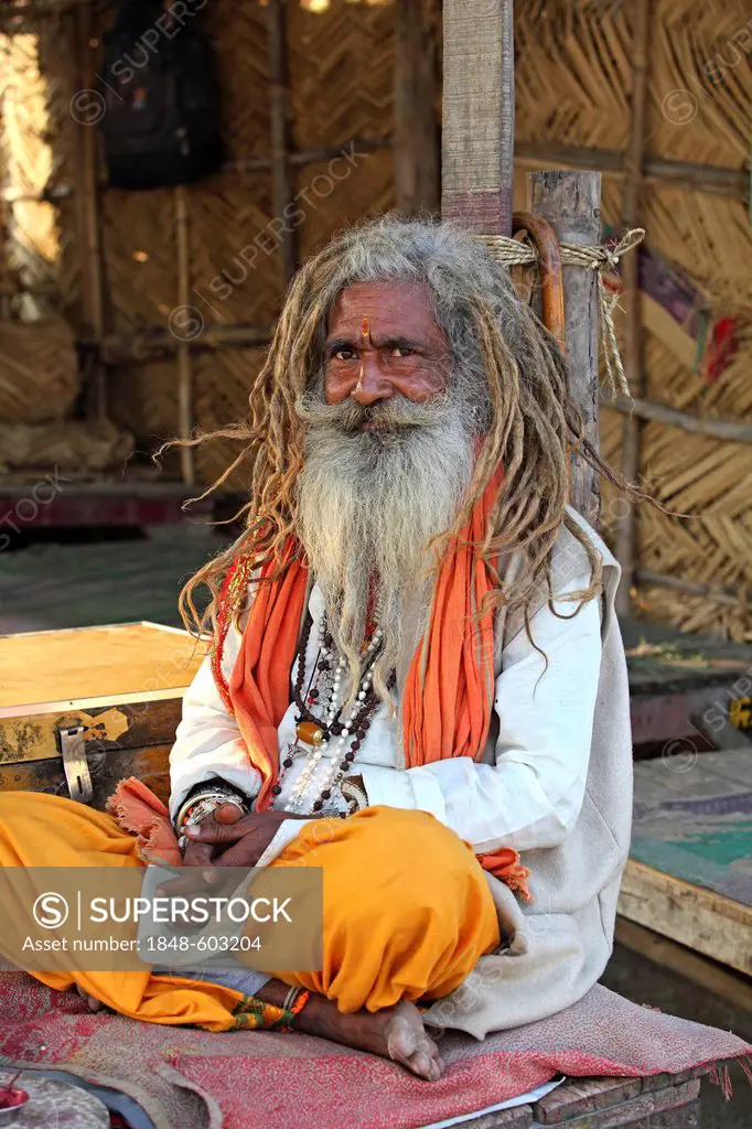 Sadhu, an Indian wandering holy man, sitting alongside the Ganges River, Garhmukteshwar, Uttar Pradesh, North India, India, Asia
